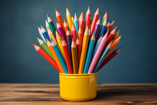 Colorful pencils in a yellow vase on a wooden table