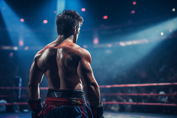 Fototapeta na wymiar Fighter boxer at championship. Boxing ring, championship arena