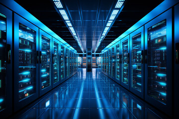 Server room data center. Backup, mining, hosting, mainframe and computer - obrazy, fototapety, plakaty