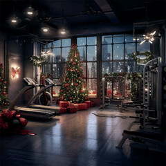 Fototapeta na wymiar Illustration of workout gym that mixed with Christmas, with Christmas decorations and lights