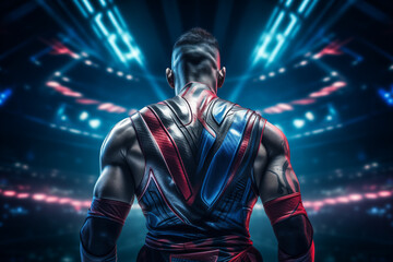 MMA fighter enters the ring. Fighter ready for battle on championship arena. Fight introduction