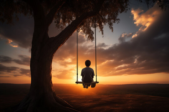 Silhouette of a boy sitting on a swing in a tree at sunset