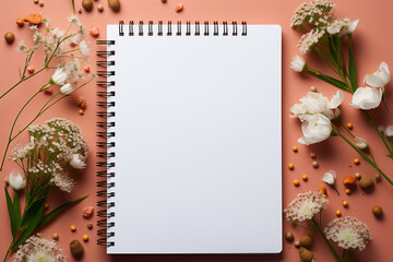 Blank notepad with white flowers on pink background, top view