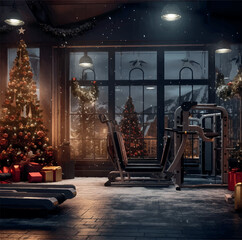 Illustration of workout gym that mixed with Christmas, with Christmas decorations and lights - obrazy, fototapety, plakaty