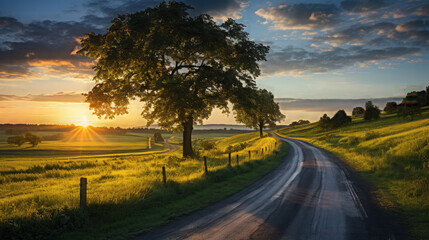 Fototapeta premium Straight Country road and green farmland natural scenery