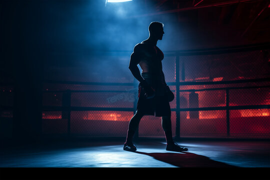 Boxer preparing for boxing championship. Back lighting. Strong warrior. Cinematic dark background.