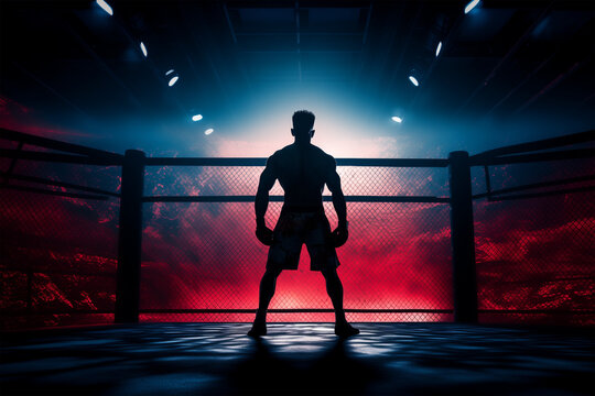 MMA fighter preparing for championship. Boxer on boxer ring cinematic dark background