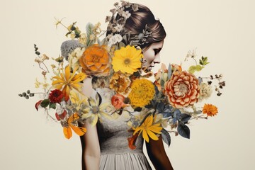 Hybrid collage combining photographs of flowers and drawings of flowers  - obrazy, fototapety, plakaty