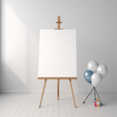 Sign Mockup, Easel Stand with Canvas, Canvas on Easel Stand, Easel Mockup, Canvas on Easel Stand, Easel with Canvas,  Blank Canvas on Easel Stand with Balloons in the Background