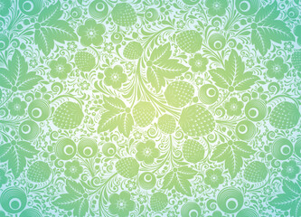 Decorative background in light green with floral motifs, flowers, leaves and berries painting. Vector illustration