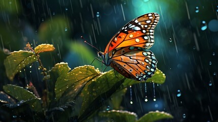 Fototapeta na wymiar A butterfly caught in a gentle rain, droplets glistening on its resilient wings.