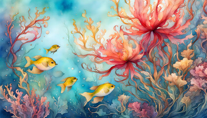 Watercolor illustration of seaweed and underwater fantastic fish, beautiful jellyfish, seashells in the depths of the ocean. - obrazy, fototapety, plakaty
