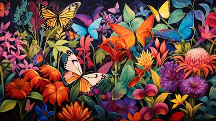 A butterfly garden teeming with activity, a kaleidoscope of colors fluttering in harmony.