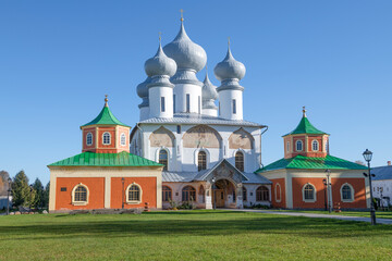 Fototapeta na wymiar The ancient Assumption Cathedral of the Tikhvin Assumption Monastery on a sunny October day. Leningrad region, Russia
