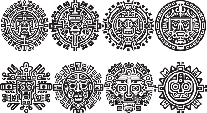 set of ancient Aztec totem pattern texture elements for design