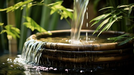 The peaceful flow of water in a bamboo fountain, symbolizing tranquility and harmony.
