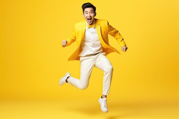 Fototapeta na wymiar Full length body size view of asiatic guy dancing having fun isolated over bright yellow color background