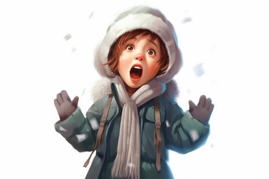 Little girl character dressed in a winter coat and hat on white background. AI generated