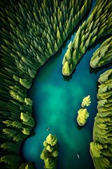 an illustration of a birds-eye view of a Canadian forest, trees and lake