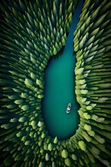 an illustration of a birds-eye view of a Canadian forest, trees and lake