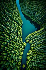 an illustration of a birds-eye view of a Canadian forest, trees and lake