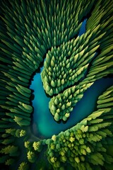 an illustration of a birds-eye view of a Canadian forest, trees and lake