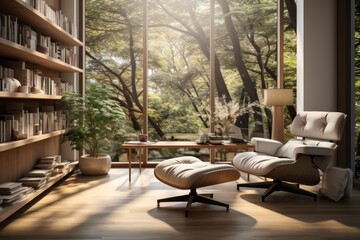 A modern book room with sunlight coming.