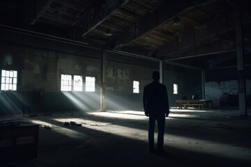 Silhouette fbi agent warehouse facility. Law police shadow federal. Generate Ai - obrazy, fototapety, plakaty