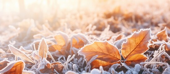 UK environment autumn frost coating leaves frozen at sunrise