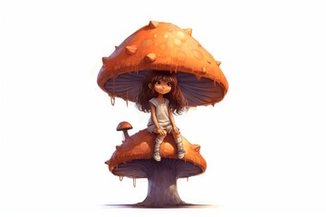 Little girl character sitting on a giant mushroom on white background. AI generated