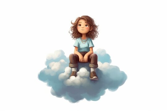 Little girl character sitting on a cloud on white background. AI generated