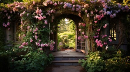 Fototapeta na wymiar A charming garden arbor covered in climbing vines and flowers, acting as a gateway to the garden's wonders.