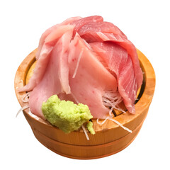 Fresh tuna fish sashimi and wasabi on bucket bowl.