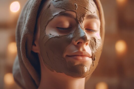 Woman brown facial mask relaxing. Luxury skin liquid aroma spa. Generate Ai