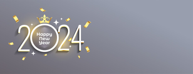 happy new year 2024 celebration banner with golden crown design