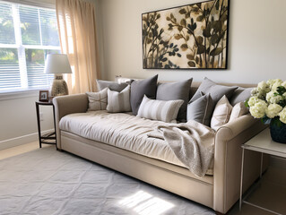 Beige Sleeper Sofa with Pull-Out Bed in Guest Room