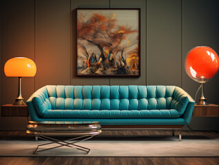 Retro Living Room with Beige Suede Sofa and Lava Lamp