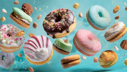 3d Realistic glazed donuts falling down with sprinkles