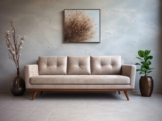 Beige Microfiber Sofa with Mid-Century Decor