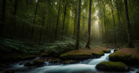 Obraz premium Wald in dem ein kleiner Bach fließt . KI Generated