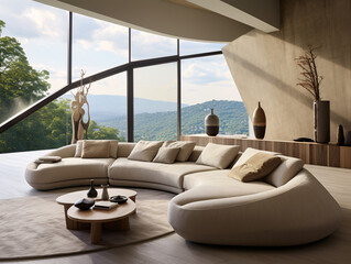 Fototapeta premium Beige Corner Sofa with Panoramic Window