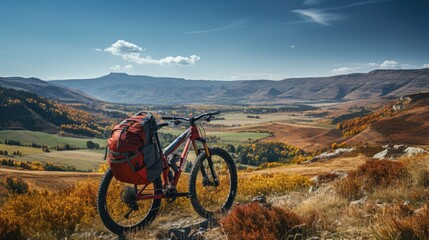 A cyclist with a red backpack on a background of blue sky. Wide angle. Beautiful landscape with hills and horizon. - obrazy, fototapety, plakaty