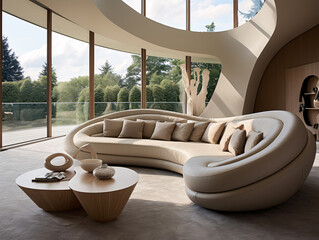 Fototapeta premium Natural flowing couch with nature view large windows