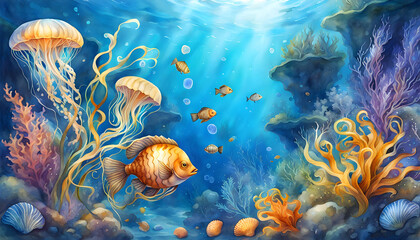 Fototapeta na wymiar Watercolor illustration of seaweed and underwater fantastic fish, beautiful jellyfish, seashells in the depths of the ocean.
