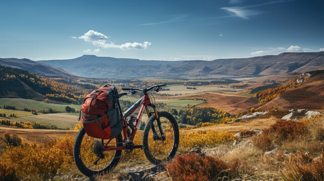 A cyclist with a red backpack on a background of blue sky. Wide angle. Beautiful landscape with hills and horizon.
