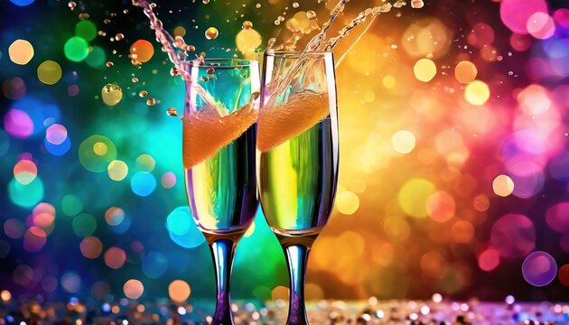 Glasses of champagne with little splashes, bookeh background