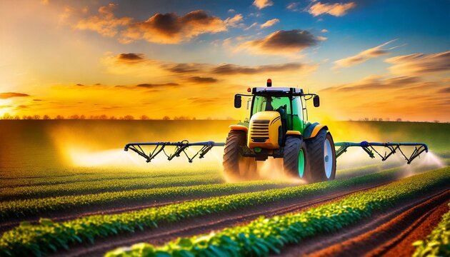 Tractor spraying pesticides on soybean field with sprayer in spring