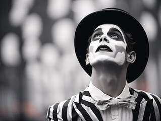 Mime Performing in Square, Black and White - obrazy, fototapety, plakaty