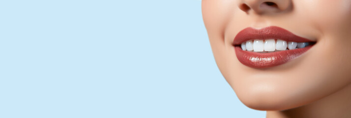 Dental Care Website Banner Or Hero Image With A Beautiful Healthy Smile Of A Young Woman On Light Blue Background.