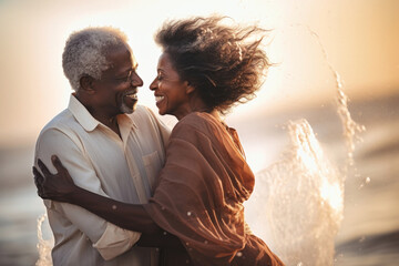An elderly dark-skinned couple in love, a man and a woman, are dancing on the beach by the sea. 